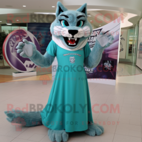 Teal Lynx mascot costume character dressed with a Maxi Skirt and Rings