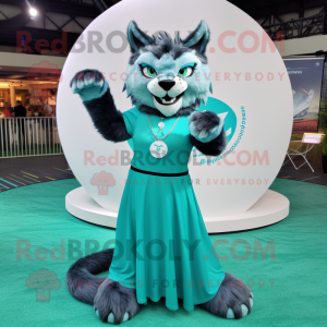 Teal Lynx mascot costume character dressed with a Maxi Skirt and Rings