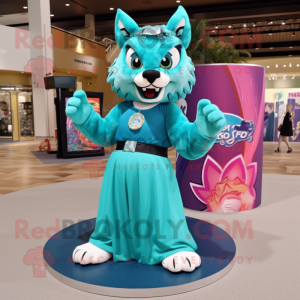 Teal Lynx mascot costume character dressed with a Maxi Skirt and Rings