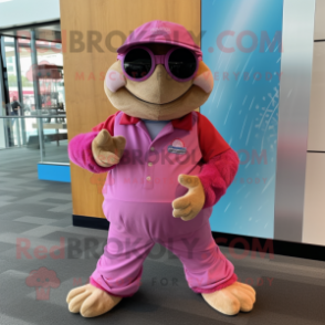 Pink Sea Turtle mascot costume character dressed with a Corduroy Pants and Bracelet watches