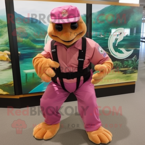 Pink Sea Turtle mascot costume character dressed with a Corduroy Pants and Bracelet watches