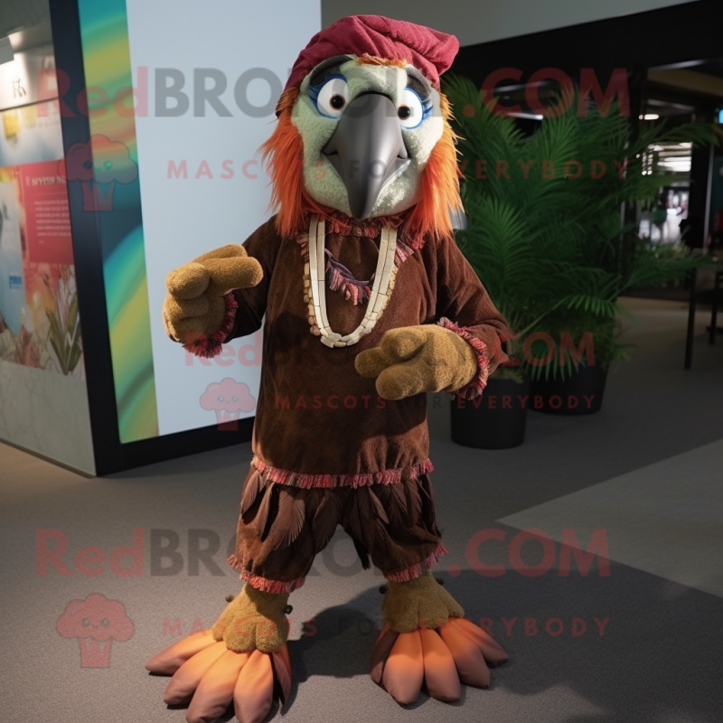Brown Macaw mascot costume character dressed with a Dress Pants and Headbands