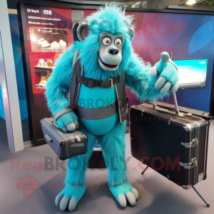 Turquoise Baboon mascot costume character dressed with a Leggings and Briefcases