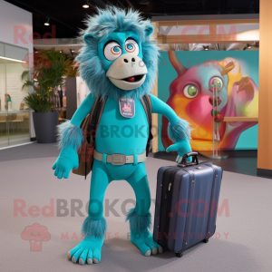 Turquoise Baboon mascot costume character dressed with a Leggings and Briefcases