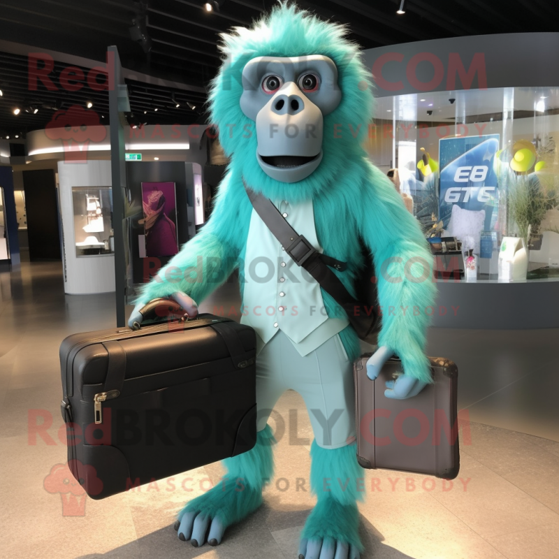 Turquoise Baboon mascot costume character dressed with a Leggings and Briefcases Turquoise Baboon mascot costume character dressed with a Leggings and Briefcases