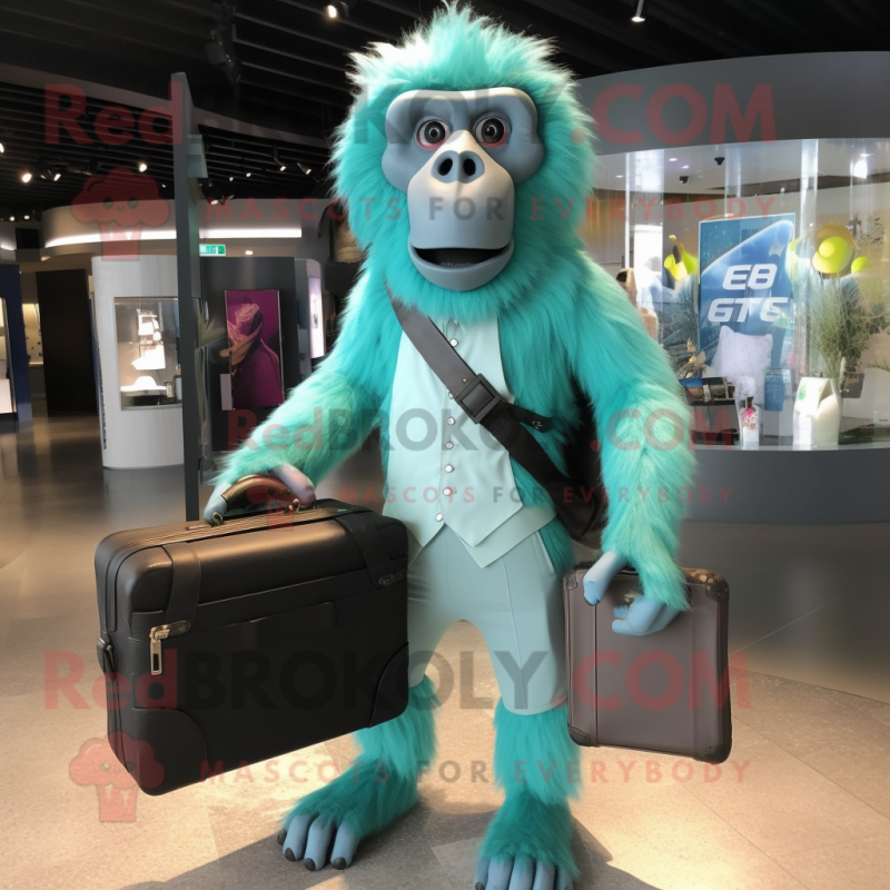 Turquoise Baboon mascot costume character dressed with a Leggings and Briefcases