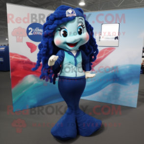 Navy Mermaid mascot costume character dressed with a Dress Pants and Keychains