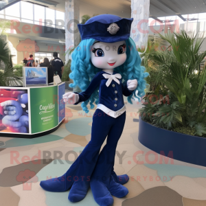 Navy Mermaid mascot costume character dressed with a Dress Pants and Keychains