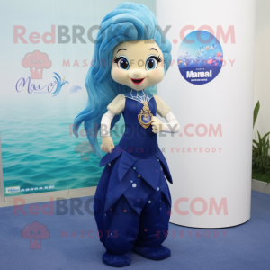 Navy Mermaid mascot costume character dressed with a Dress Pants and Keychains