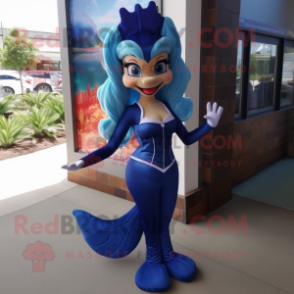 Navy Mermaid mascot costume character dressed with a Dress Pants and Keychains
