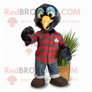 Black Macaw mascot costume character dressed with a Flannel Shirt and Watches