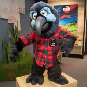 Black Macaw mascot costume character dressed with a Flannel Shirt and Watches