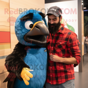 Black Macaw mascot costume character dressed with a Flannel Shirt and Watches