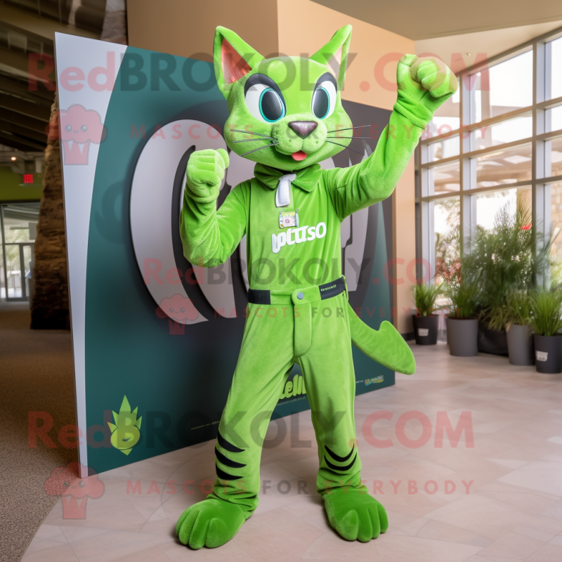 Lime Green Bobcat mascot costume character dressed with a Bootcut Jeans and Wraps