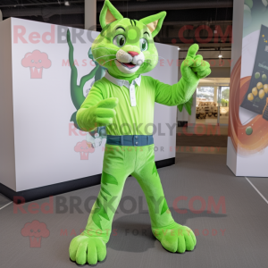 Lime Green Bobcat mascot costume character dressed with a Bootcut Jeans and Wraps