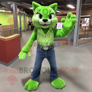 Lime Green Bobcat mascot costume character dressed with a Bootcut Jeans and Wraps