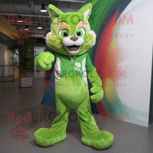 Lime Green Bobcat mascot costume character dressed with a Bootcut Jeans and Wraps