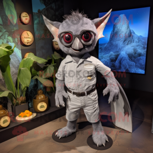 Silver Fruit Bat mascot costume character dressed with a Henley Tee and Eyeglasses
