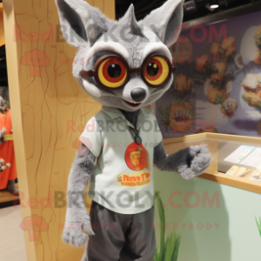 Silver Fruit Bat mascot costume character dressed with a Henley Tee and Eyeglasses