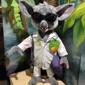 Silver Fruit Bat mascot costume character dressed with a Henley Tee and Eyeglasses