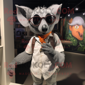 Silver Fruit Bat mascot costume character dressed with a Henley Tee and Eyeglasses