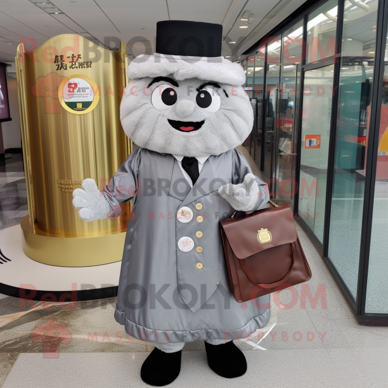 Gray Dim Sum mascot costume character dressed with a Dress Shirt and Coin purses