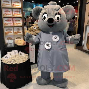 Gray Dim Sum mascot costume character dressed with a Dress Shirt and Coin purses