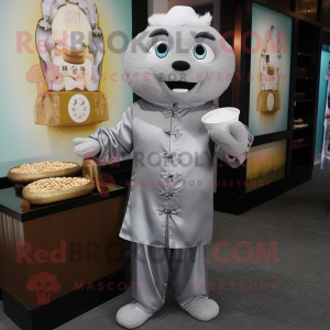 Gray Dim Sum mascot costume character dressed with a Dress Shirt and Coin purses