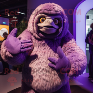 Purple Giant Sloth mascot costume character dressed with a Turtleneck and Rings