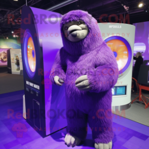 Purple Giant Sloth mascot costume character dressed with a Turtleneck and Rings