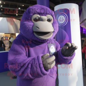 Purple Giant Sloth mascot costume character dressed with a Turtleneck and Rings