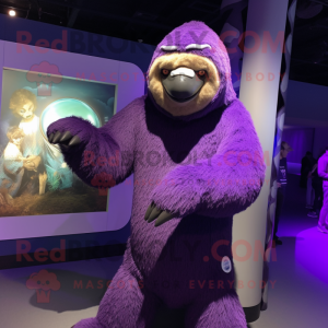 Purple Giant Sloth mascot costume character dressed with a Turtleneck and Rings