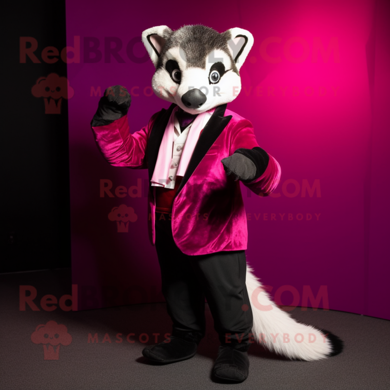 Magenta Civet mascot costume character dressed with a Tuxedo and Scarves