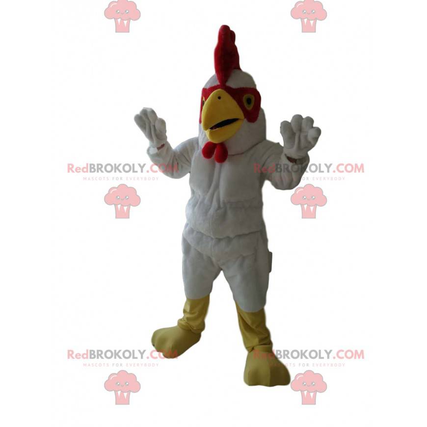 Mascot white rooster with a magnificent red crest -