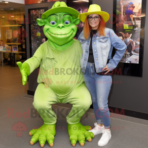 Lime Green Gargoyle mascot costume character dressed with a Mom Jeans and Berets