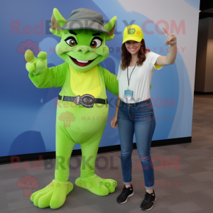 Lime Green Gargoyle mascot costume character dressed with a Mom Jeans and Berets