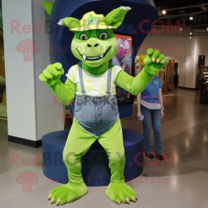 Lime Green Gargoyle mascot costume character dressed with a Mom Jeans and Berets