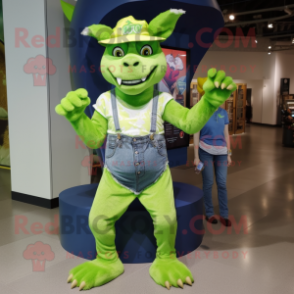 Lime Green Gargoyle mascot costume character dressed with a Mom Jeans and Berets