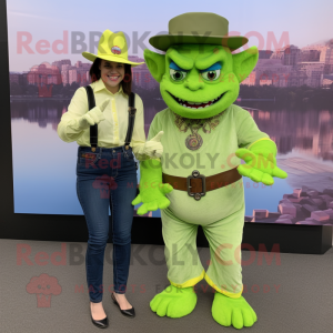 Lime Green Gargoyle mascot costume character dressed with a Mom Jeans and Berets