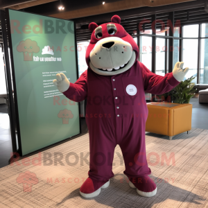 Maroon Hippopotamus mascot costume character dressed with a Jumpsuit and Pocket squares
