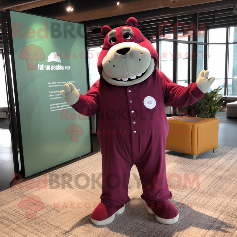 Maroon Hippopotamus mascot costume character dressed with a Jumpsuit and Pocket squares Maroon Hippopotamus mascot costume character dressed with a Jumpsuit and Pocket squares