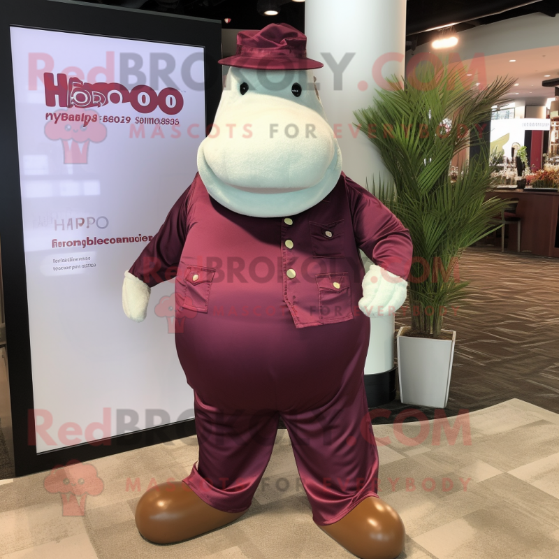 Maroon Hippopotamus mascot costume character dressed with a Jumpsuit and Pocket squares