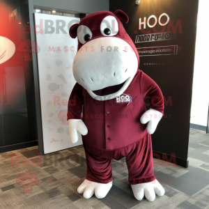 Maroon Hippopotamus mascot costume character dressed with a Jumpsuit and Pocket squares