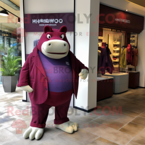 Maroon Hippopotamus mascot costume character dressed with a Jumpsuit and Pocket squares