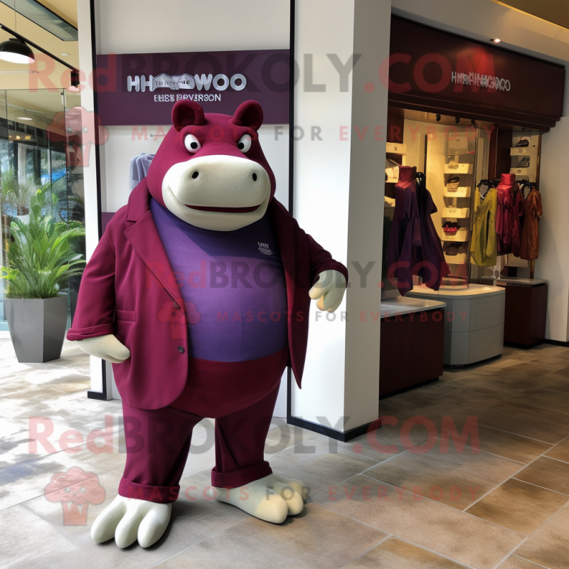 Maroon Hippopotamus mascot costume character dressed with a Jumpsuit and Pocket squares
