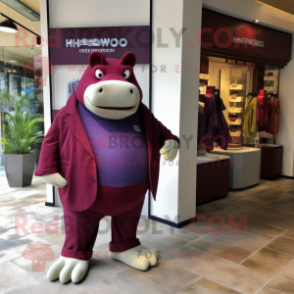 Maroon Hippopotamus mascot costume character dressed with a Jumpsuit and Pocket squares