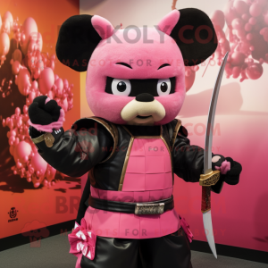 Pink Samurai mascot costume character dressed with a Leather Jacket and Mittens