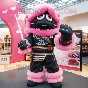 Pink Samurai mascot costume character dressed with a Leather Jacket and Mittens