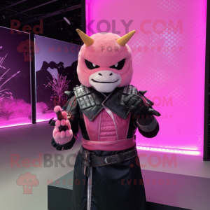 Pink Samurai mascot costume character dressed with a Leather Jacket and Mittens