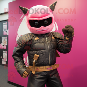 Pink Samurai mascot costume character dressed with a Leather Jacket and Mittens